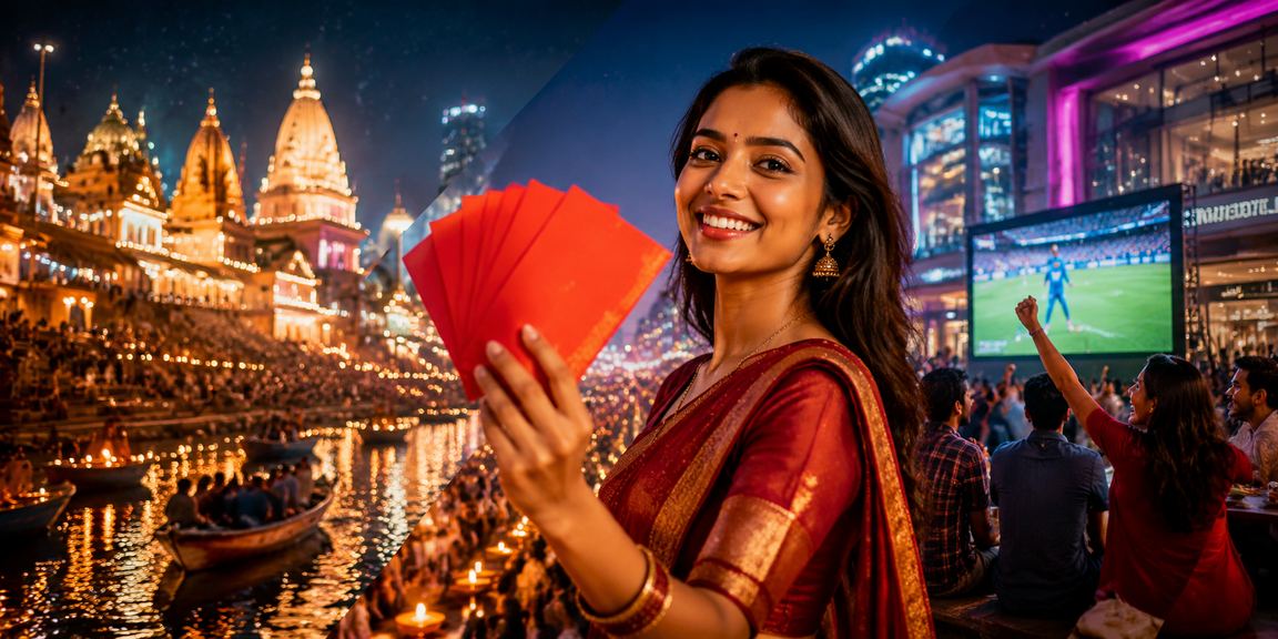 Varanasi ghat with red envelope bonus and night market neon lights